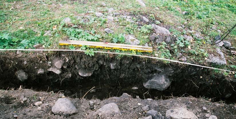 Det gick inte att avgöra om avsatsen är naturlig eller grävd. Under det övre lagret med röjningssten var ett lager med riklig förekomst av 0,03-0,15 m stora skörbrända stenar samt sot och kolbitar.