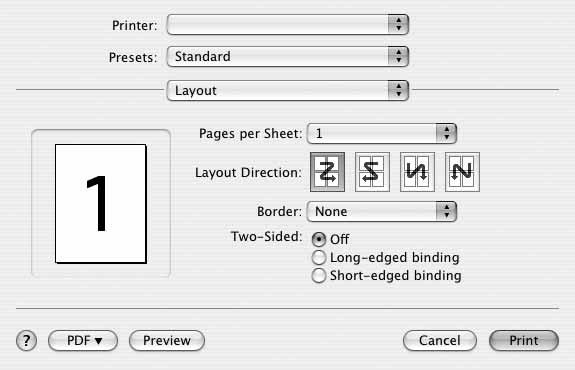 Ändra skrivareinställningar Du kan använda avancerade utskriftsfunktioner när du använder skrivaren. Välj Print på menyn File i Macintosh-programmet.