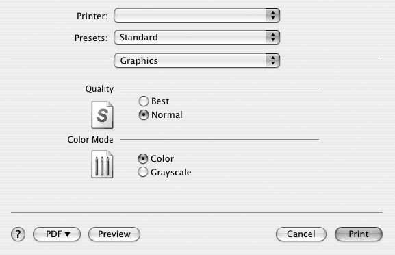 Graphics På fliken Graphics finns alternativ för att välja Resolution (Quality) och Color Mode. Välj Graphics i rullgardinslistan Presets för att komma åt grafikfunktionerna.
