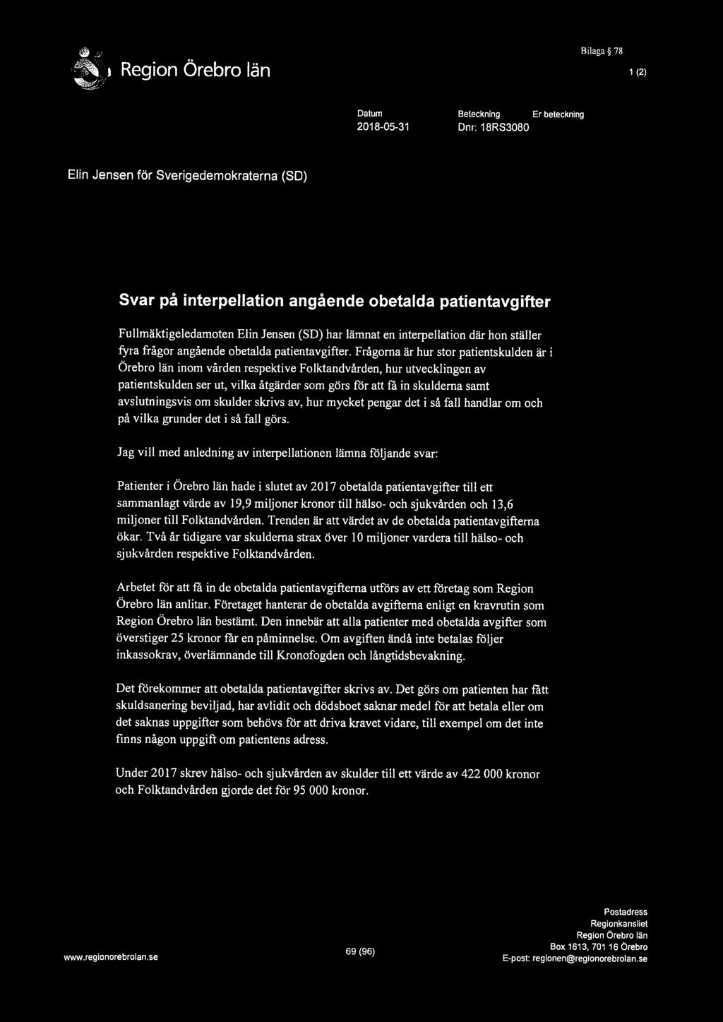 Bilaga 78 1 (2) Datum 2018-05-31 Beteckning Er beteckning Dnr: 18RS3080 Elin Jensen för Sverigedemokraterna (SO) Svar på interpellation angående obetalda patientavgifter Fullmäktigeledamoten Elin