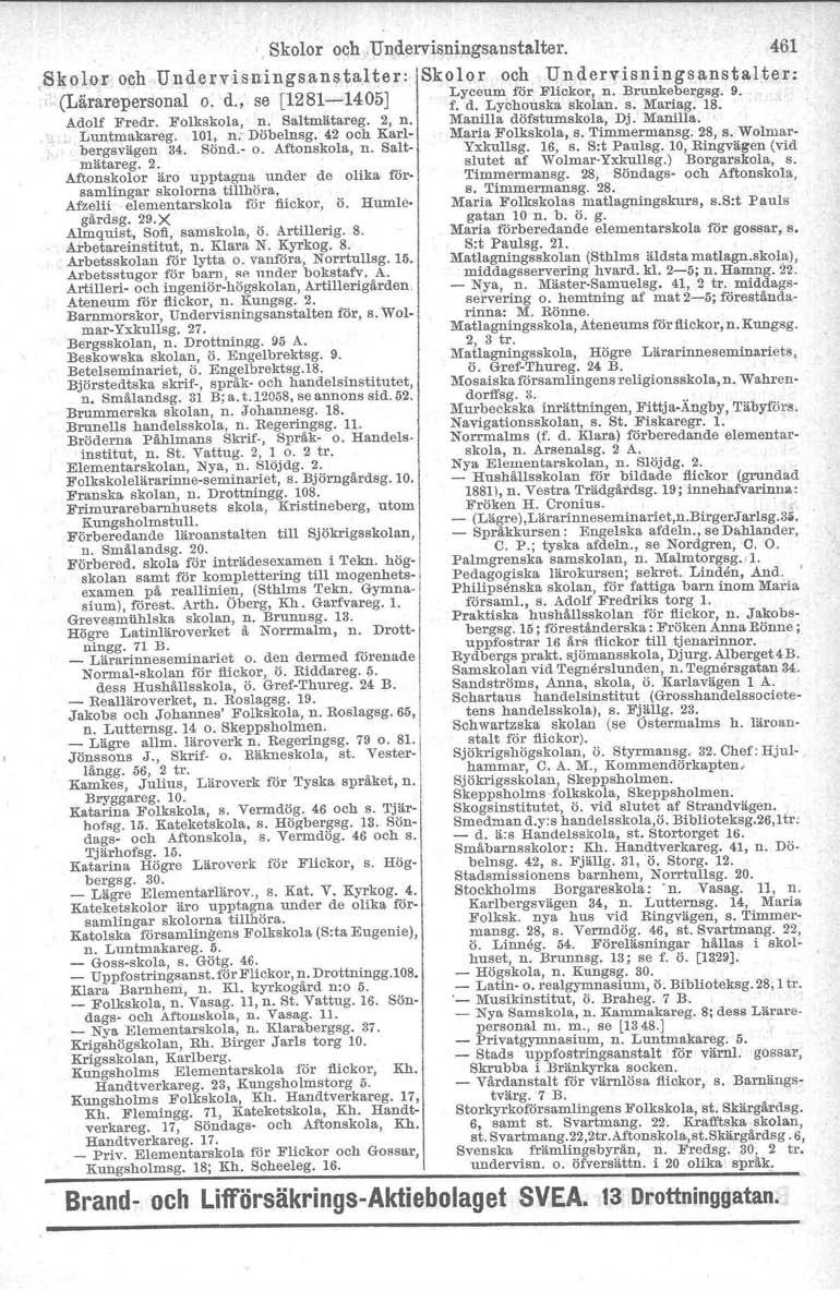 Storg. Skolor och.ilndervisningsanstalter. 461,Skolor och Undervisningsanstalter: Skolor och Undervisningsansta.lter: ( Lärarepersonal o d.., se [12811405] Lyceum för Flickor, n. Brunkehergsg. 9. f. d. Lychouska skolan.