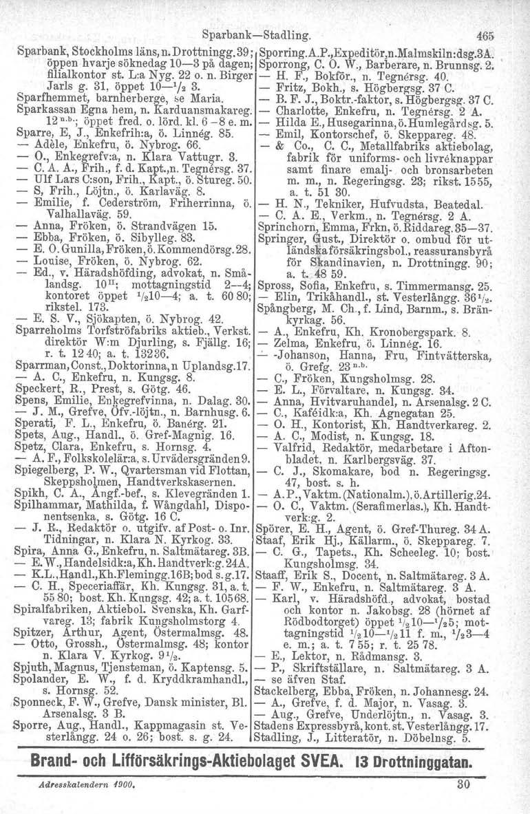 SparbankStadliIig. 465 Sparbank, Stockholms läns, n. Drottningg.39; ISporring.A.P.,Expeditör,n.Malmskiln:dsg.3A. öppen hvarje söknedag 103 på dagen; Sporrong, C. O. W" Barberare, n. Brunnsg. 2.