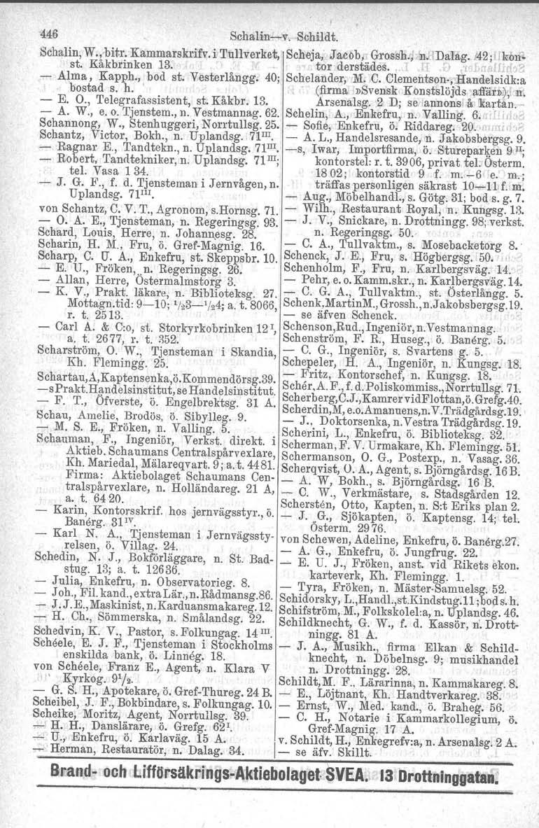 446 Schalinv. Schildt. Schalin, W., bitr, Kammarskrifv.i Tullverket, Scheja, Jaceb.. Grossh.~ 'll.t'dalag.142; kon:' st. Kåkbrinken 13.. tor derstådes. Ir " r f 1 " Alma, Kapph., bod st. Vesterlångg.