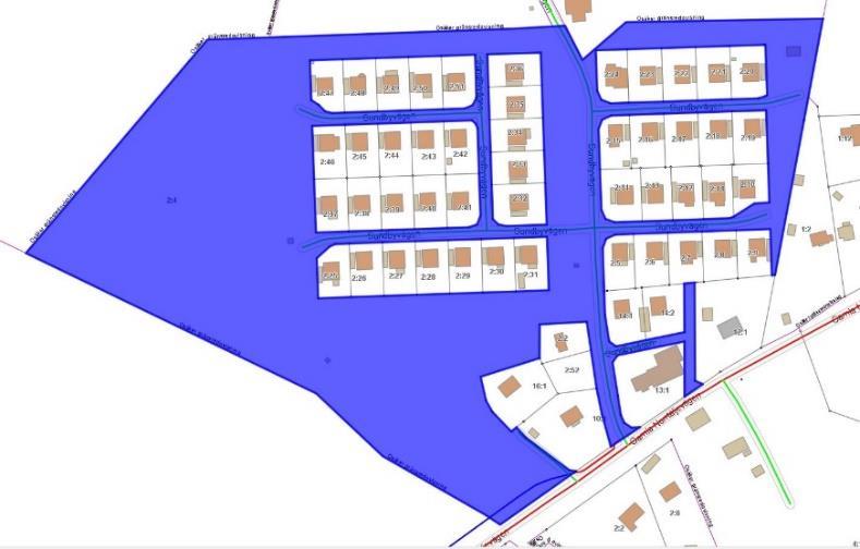 Sundbyvägen 4 6. Gatan som inte finns. Bilden nedan visar i blått gemensamhetsanläggningen Sundby Ga:1 som förvaltas av Sundby Vägförening.