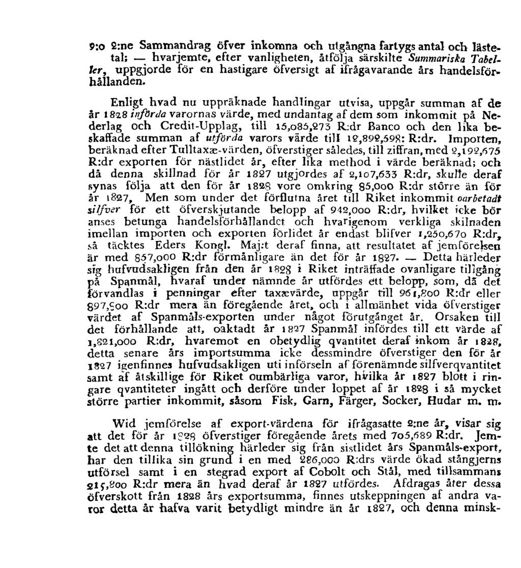 9:o 2:ne Sammandrag öfver inkomna och utgångna fartygs antal och lästetal; hvarjemte, efter vanligheten, åtfölja särskilte Summariska Tabeller, uppgjorde för en hastigare öfversigt af ifrågavarande