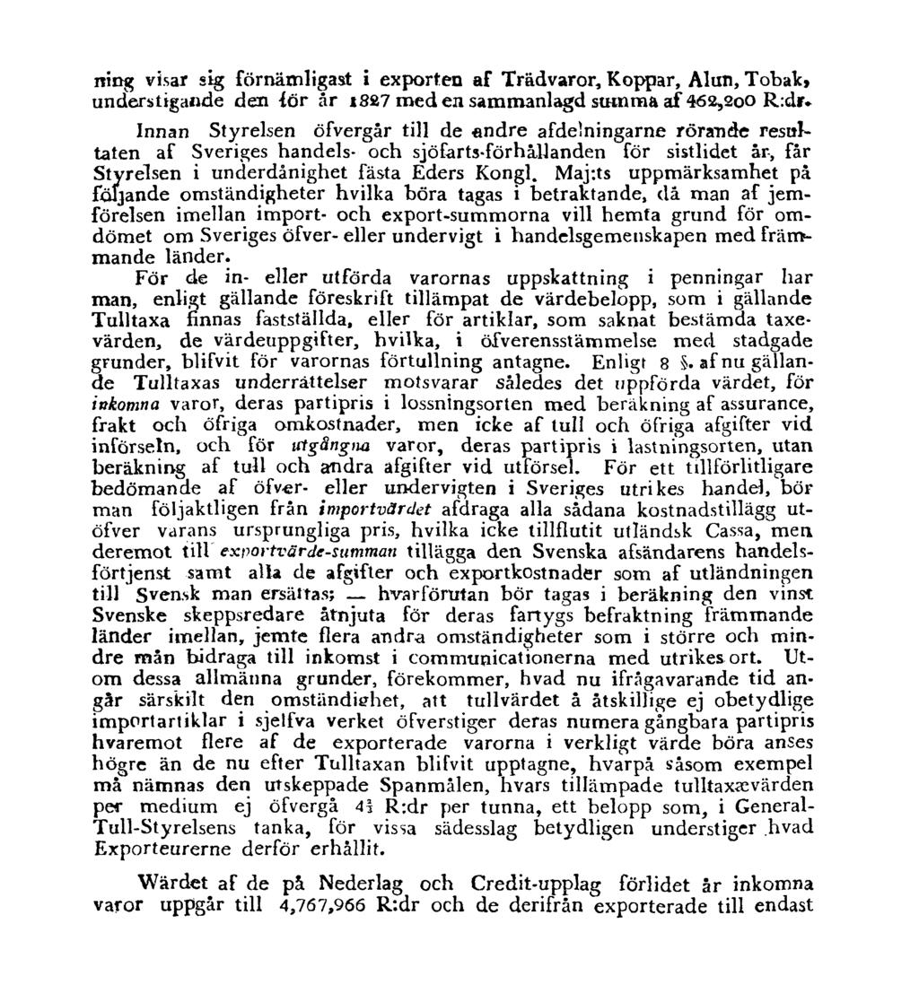 ning visar sig förnämligast i exporten af Trädvaror, Koppar, Alun, Tobak, understigande den iör år 1827 med en sammanlagd stunma af 462,200 R:dr, Innan Styrelsen öfvergår till de andre afdelningarne