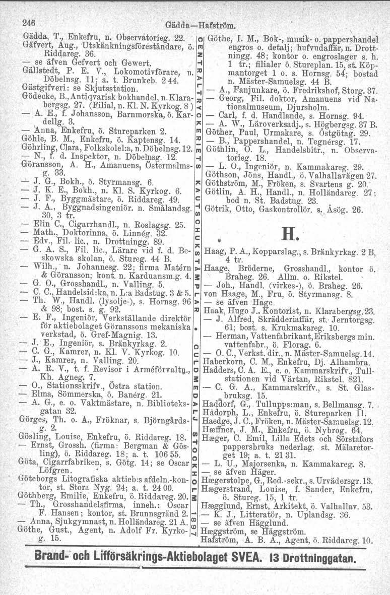 246 ( Gädda-Hafström.,. Gädda, T., Enkefru, n. Observatorleg. 22. o Göthe, r. M., Bok-, musik- o. pappershandel Gäfvert, Aug., Utskänkningsföreståndare, Ö. III. engros o. detalj; hufvudaffär, n.