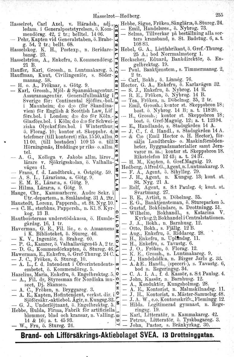 Hasselrot--Hedberg. 255 Hasselrot, Carl Axel, v. Häradsh., adj., o Hebbe, Signe, Fröken,Sånglär:a, ö. Stureg. 24. ledarn. i Generalpoststyrelsen, ö. Kom- III Emil, Handelsres., ö. Nybrog. 73.