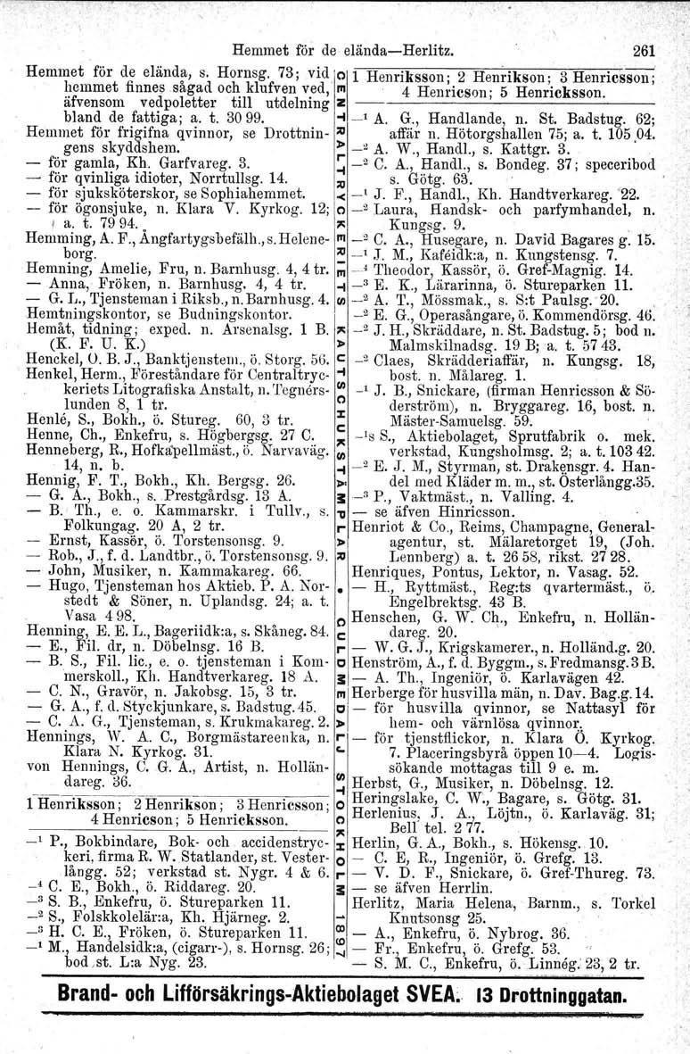 Hemmet för de elända-herlitz. 261' Hemmet för de elända, s. Hornsg. 73; vid o 1 Henriksson. 2 Hen~ikson' 3 Henriesson: hemmet finnes sågad och klufven ved,' III. 4 Hen;icson' 5 Hen;icksson.