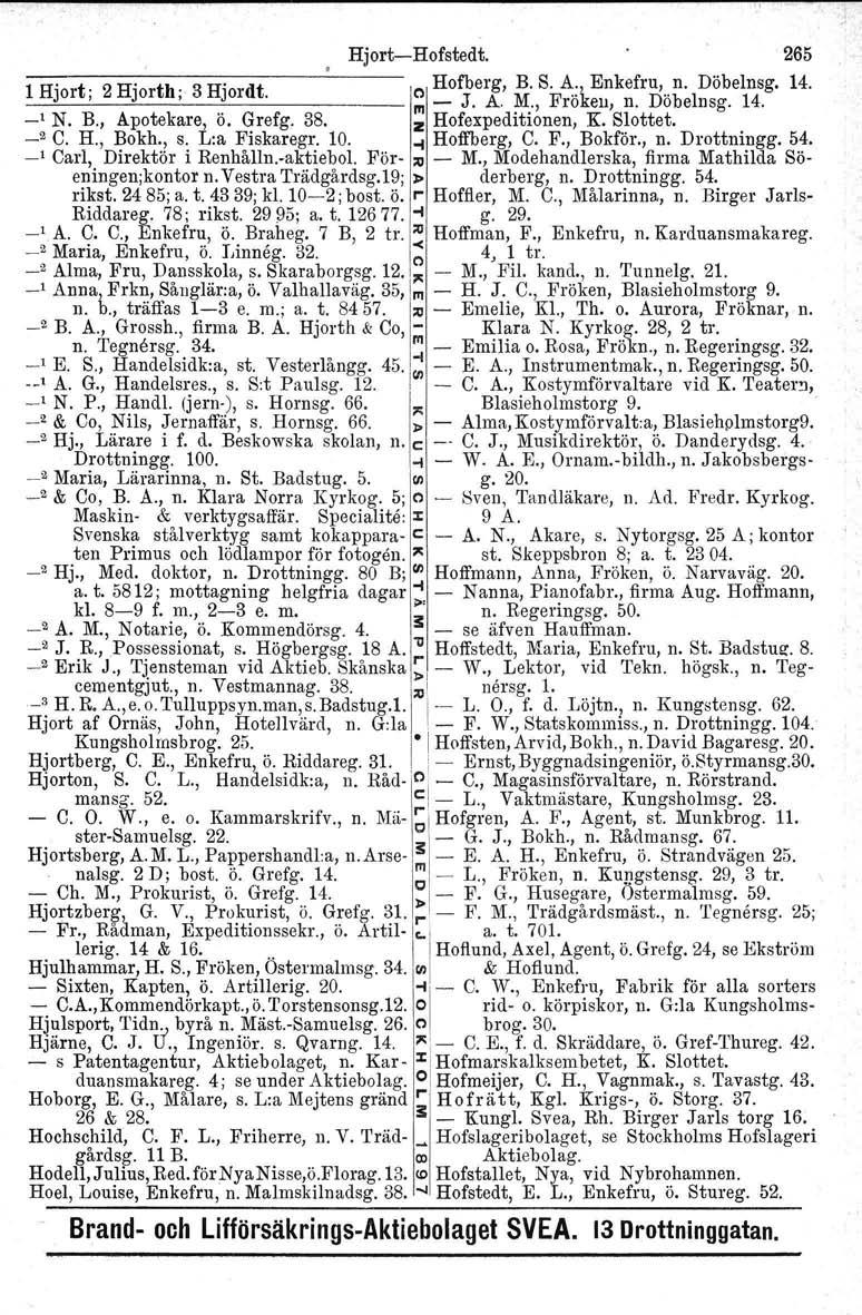 Hjort-Hofstedt. 265 1 Hjort; 2 Hjorth; 3 Hjordt. (') Hofberg, B. S. A., Enkefru, n. Döbelnsg. 14. ---------------.-- III- J. A. M., Fröken, n. Döbelnsg. 14. _1 N. B., Apotekare, Ö. Grefg. 38.