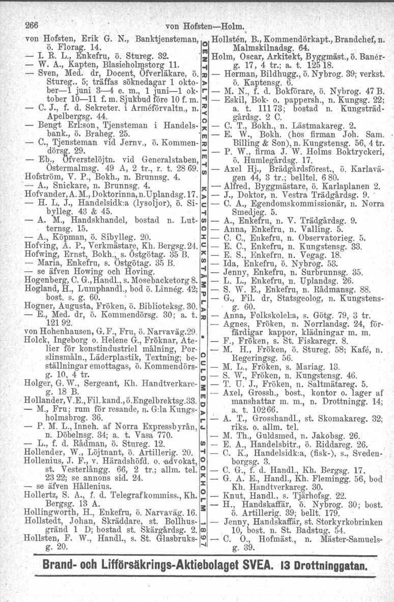 266 von Hofsten-Holm. von Hofsten, Erik G. N., Banktjensteman, 'o HollsMn: B., Kommendörkapt., Brandchef, n. ö. Florag. 14. III Malmskilnadsg. 64. - I. R. L" Enkefru, ö. Stureg. 32.