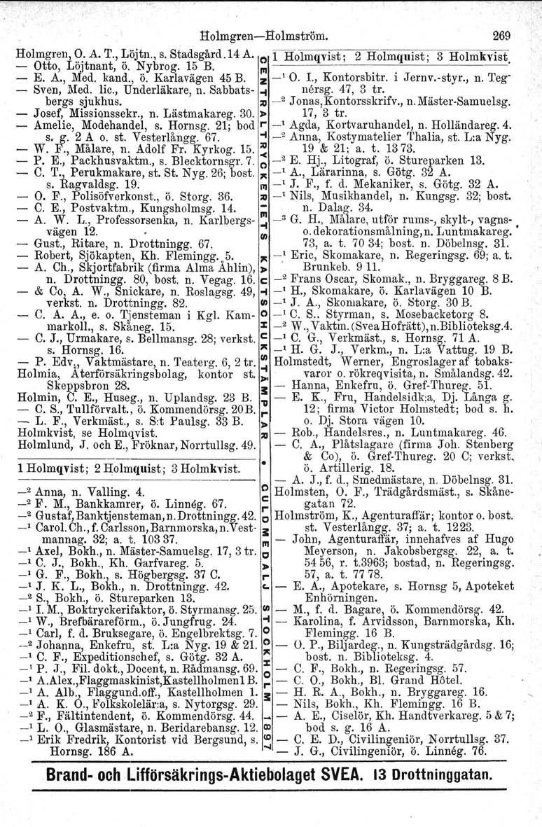 Holmgren-Holmström. 269 Holmgren, 9: A. T.,!,öjtn., s. Stadsgård.14 A. O lholmqvist; 2 Holmquist; 3 Holmkvist - Otto, Löjtnant, o. ~ybrog. l.? B. 1'1 - t - --_ - E. A., Med. kand., o. Karlavagen 45 B.