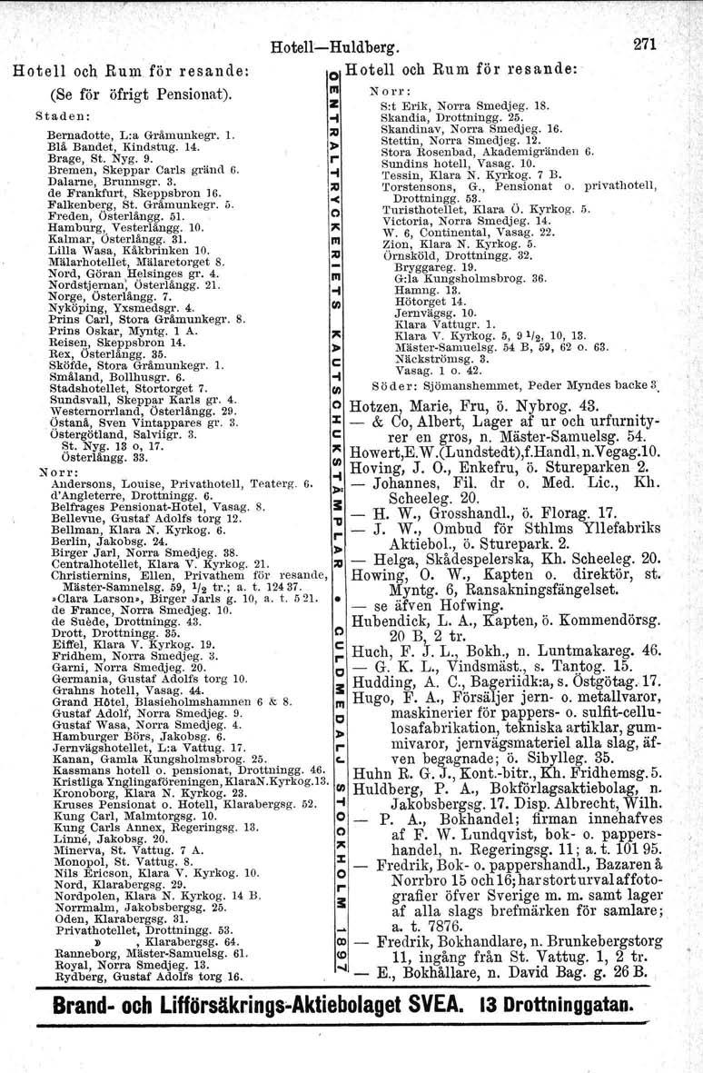 Hotell-e-Huldberg. Hotell och Rum. för resande: O Hotell och Rum för resande: III (Se för öfrigt Pensionat). Norr: Z SotErik, Norra Sroedjeg.18. Staden: -t Skandia, Drottningg. 25.