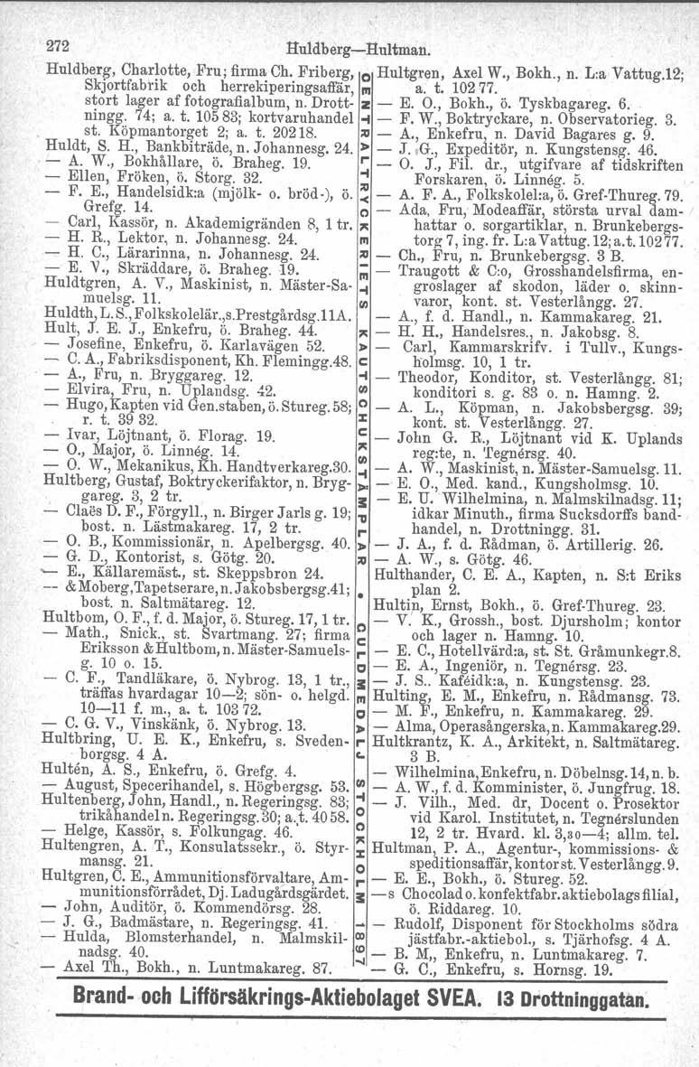 272 Ruldberg-Hultman. Huldberg, Charlotte, Fru; firma Ch. Friberg, o Hultgren, Axel W., Bokh., n. L:a Vattug.12; Skjortfabrlk och herrekiperingsaffär, /II a. t. 10277.