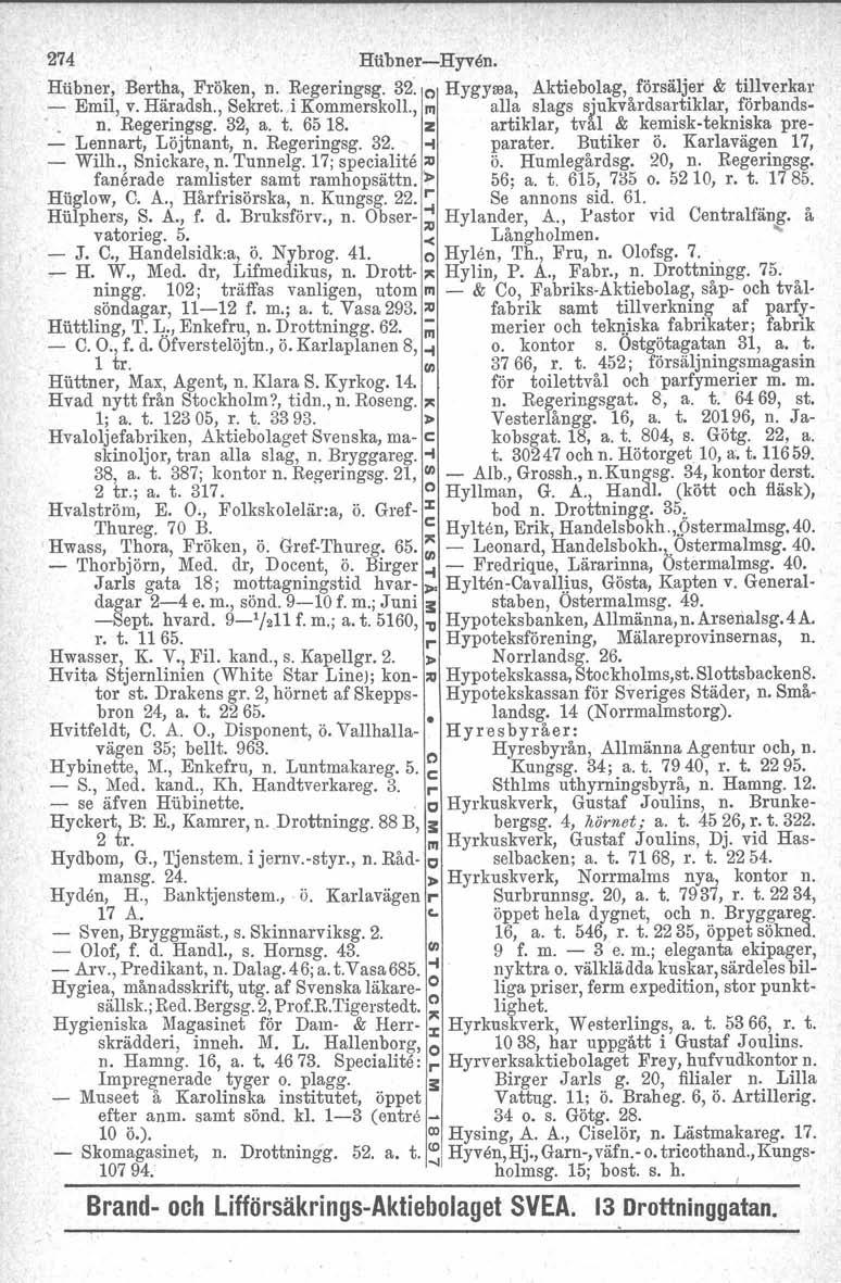 274 Häbner-c-Hyvsn. Hubner, Bertha, Fröken, n. Regeringsg. 32. e Hygyssa, Aktiebolag, försäljer & tillverkar - Emil, v. Häradsh., Sekret. i Kommerskoll.