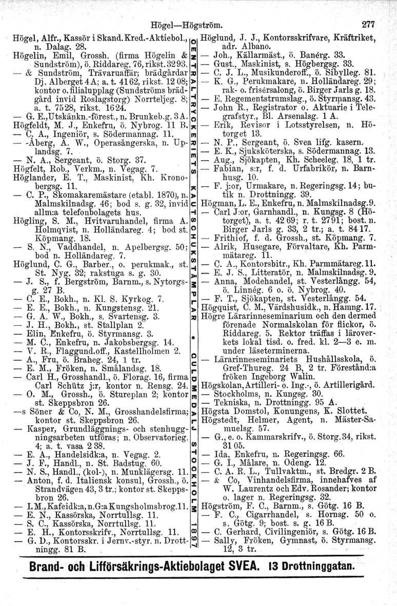 Högel-Högström. 277 Högel, Alfr., Kassör i Skand.Kred.-Aktiebol., o Höglund, J. J., Kontorsskrifvare, Kräftriket, n. Dalag. 28. Illadr. Albano. Högelin, Emil, Grossh. (firma Högelin & z - Joh.