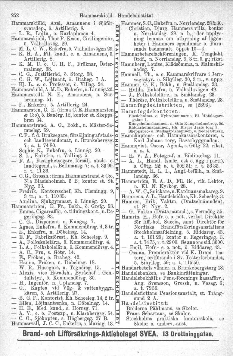 252 Hammarskiöld-Handelsinstitut. Hammarskiöld, Axel, Amanuens i Sjöf6r- Hammer.S. C.,Enkefru, n. Norrlandsg.28&30. svarsd~r" ö.. ~rtillerig. 8. ~ - Christian, Djurg. Hammers villa; kontor - L. R.