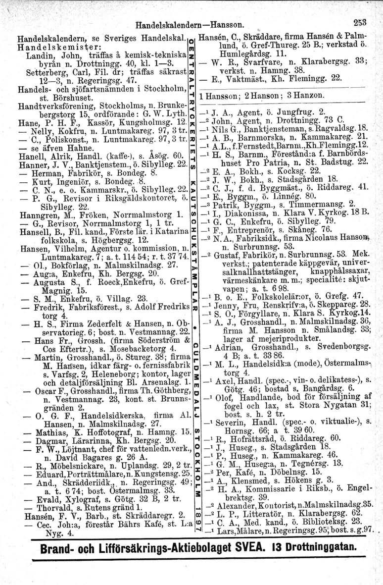 Ilandelskalendern -Hansson. 253 Handelskalendern, se Sveriges Handelskal. o Hansen, C., Skräddare, firma Hansen & Palm- Handelskemis~er: III lund, ö. Gref-Thureg. 25 B.; verkstad ö.