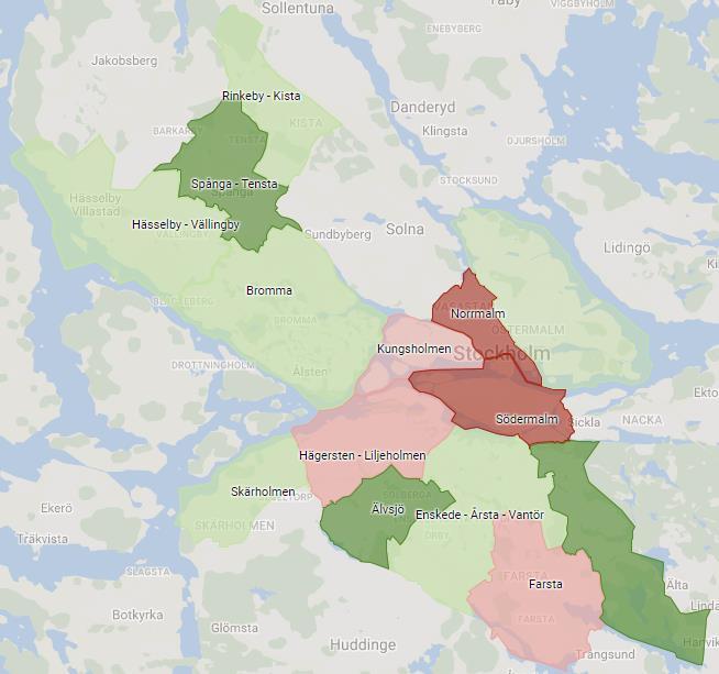 Figur 6: Tematisk karta över tillgång till fotbollsytor motsvarande 11-mannaplaner i Stockholms stads stadsdelar. Grönt = Över genomsnittet för stadsdelarna. Röd = Under genomsnittet för staden.