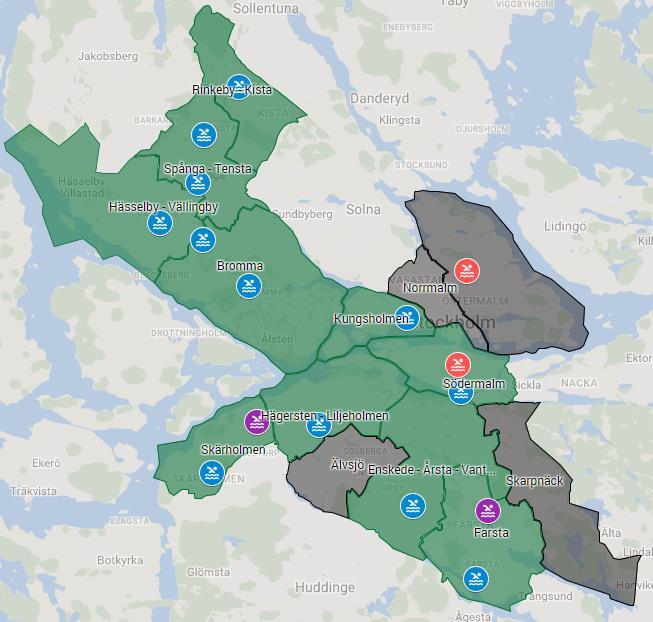 Figur 12: Karta över simhallar i Stockholms stad. Simhallar i drift och öppna för föreningsliv och allmänhet är blåmarkerade.