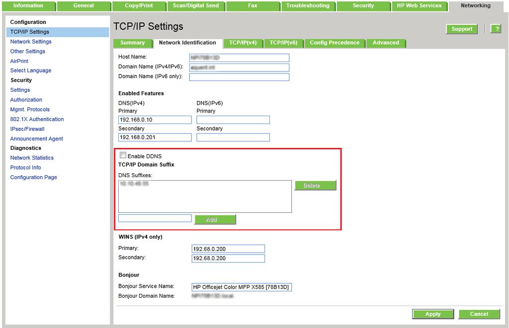 4. Om DNS krävs i nätverket kontrollerar du att DNS-suffixet för den e-postklient du använder visas under TCP/IP-domänsuffix. DNS-suffix har följande format: företagsnamn.com, Gmail.com med mera. OBS!