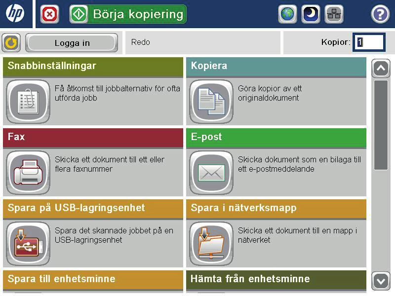 Göra kopior 1. Lägg dokumentet med framsidan nedåt på skannerglaset,eller lägg det med framsidan uppåt i dokumentmataren och justera pappersledarna efter dokumentets storlek. 2.