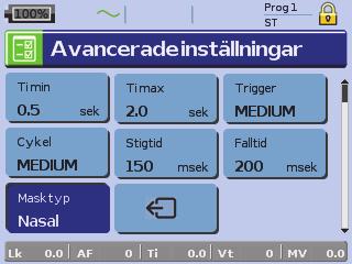 Masktypalternativ: nasal, ultra, kudde, helmask, trach., pediatrisk. Obs! När masktypen är inställd på Trach.