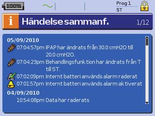 Info-meny Händelse sammanf. Händelse sammanf. visar en sammanfattning av tre slags händelser: förändring av inställningar, alarm och systemhändelser (t.ex.