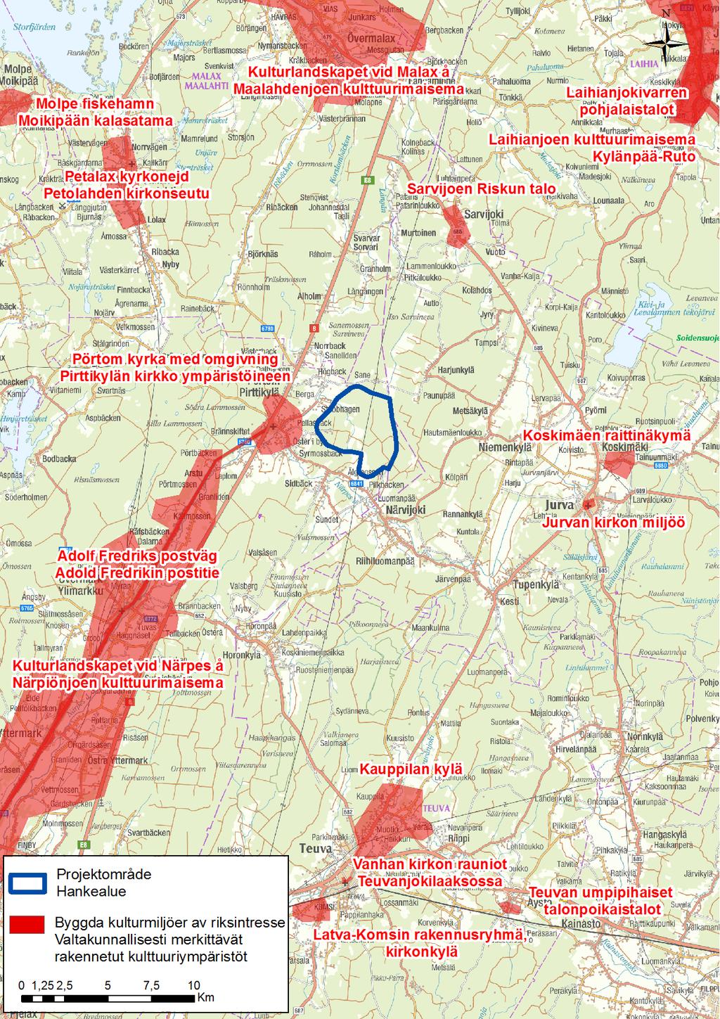 VindIn Ab/Oy Pörtom vindkraftpark 41 8.5.4 Fornlämningar Figur 30. Byggda kulturmiljöer av riksintresse (RKY 1993 & 2009) i närheten av projektet.
