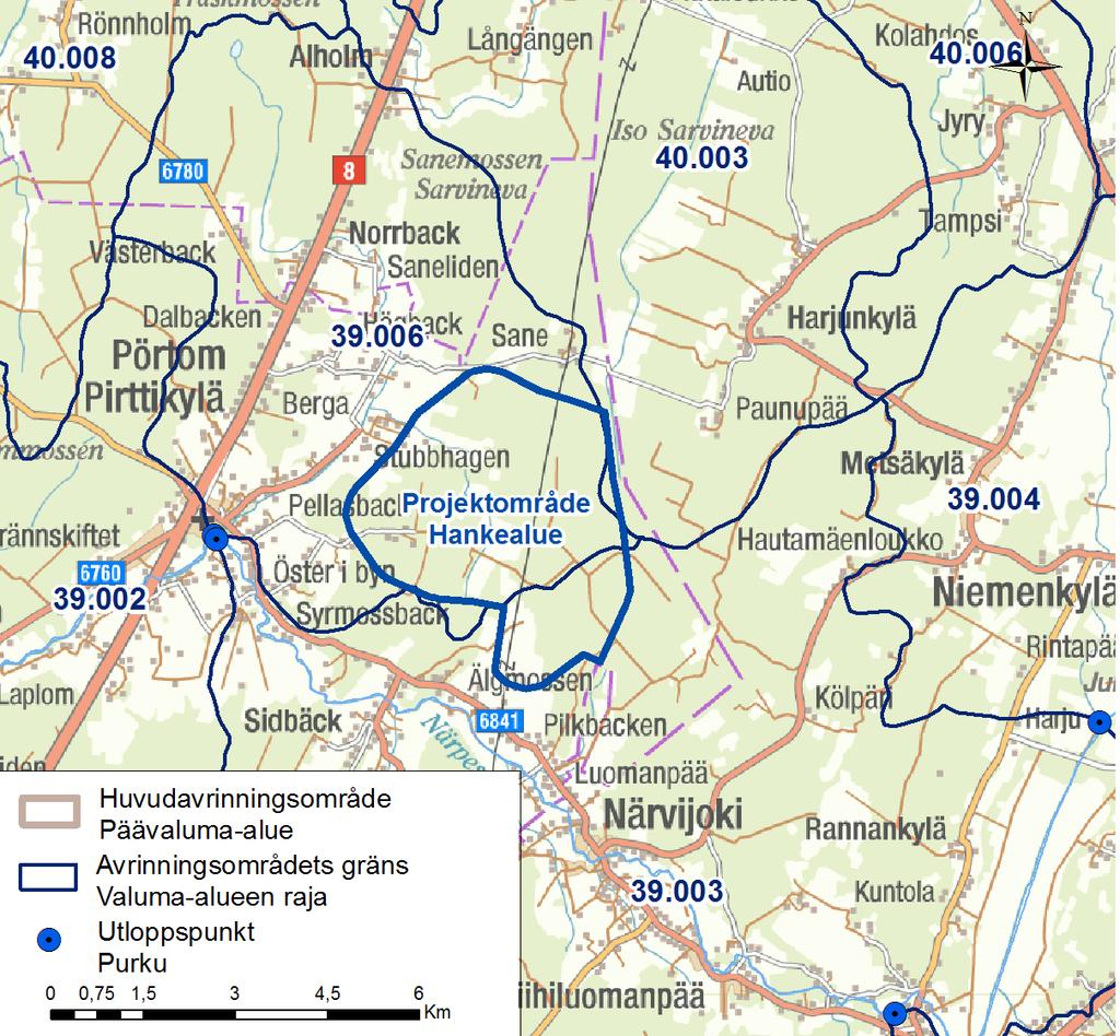 VindIn Ab/Oy Pörtom vindkraftpark 46 Figur 34. Ytvattnen och avrinningsområdena i närheten av projektet (OIVA 2012).