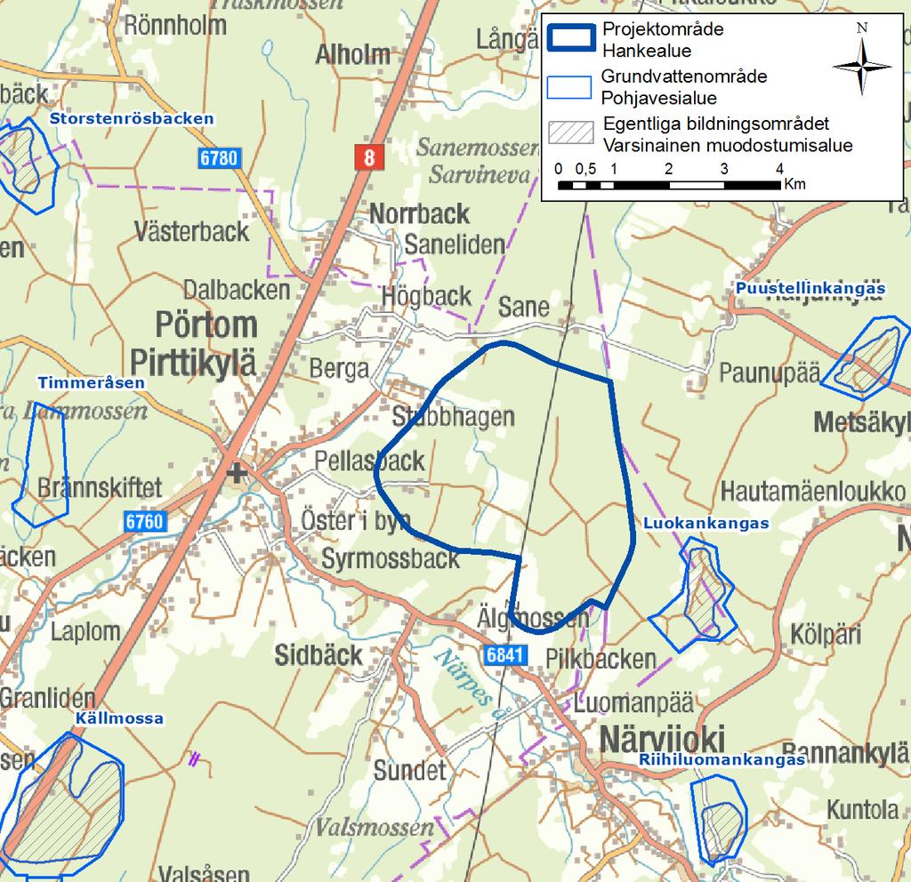 VindIn Ab/Oy Pörtom vindkraftpark 48 8.9 Klimat och vindförhållanden Figur 35. Grundvattenområden i projektområdets närhet (OIVA 2012).