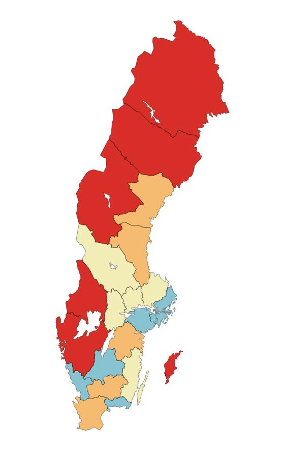 Figur 3. Kulturrådets totala utfall 2017 per region antal kr/invånare. Regionerna är färgkodade efter vilken kvartil de tillhör.