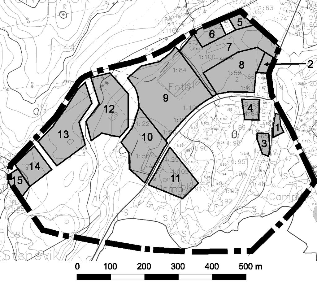 PROGRAMFÖRSLAG Befintlig camping på Sågestrand avvecklas. 1-2 Alternativa lägen för butik och servicefunktioner 3-6 Förtätning med villatomter, totalt 8 st.