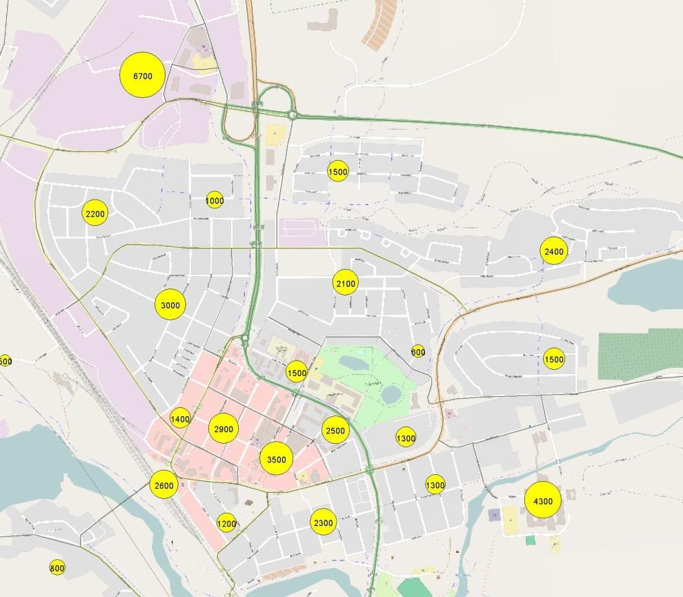 Uppdragsnr: 10204776 6 (12) Ishallen Trafikalstring Bilden nedan visar hur mycket trafik som i dagsläget beräknas alstras i de olika delområdena i Gällivare tätort.