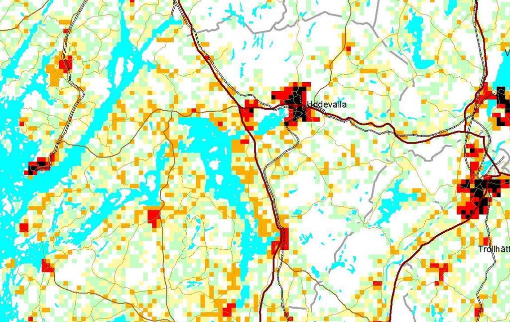 Områden utanför ca 2 km fågelavstånd från närmaste telestation.