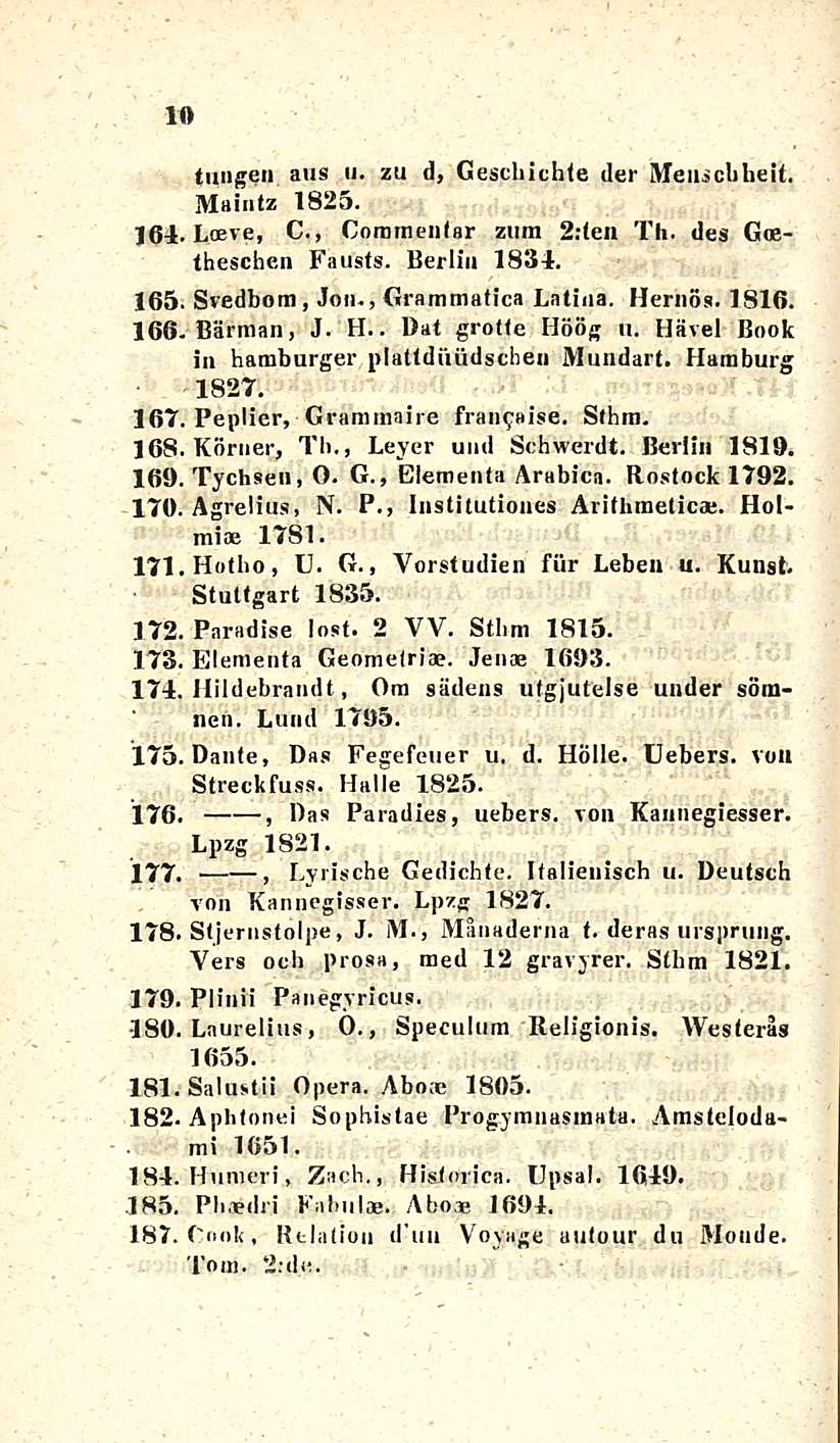 10 Tungen aus u. zu d, Gescbichle der Menicbheit. Maintz 1825. 164. Loeve, C., Coramentar zum 2:fen Th. des Goetheschen Fausts. Berlin 1834. 165. Svedbom, Jon., Grammafica Latina. HernSs. 1816. 166.