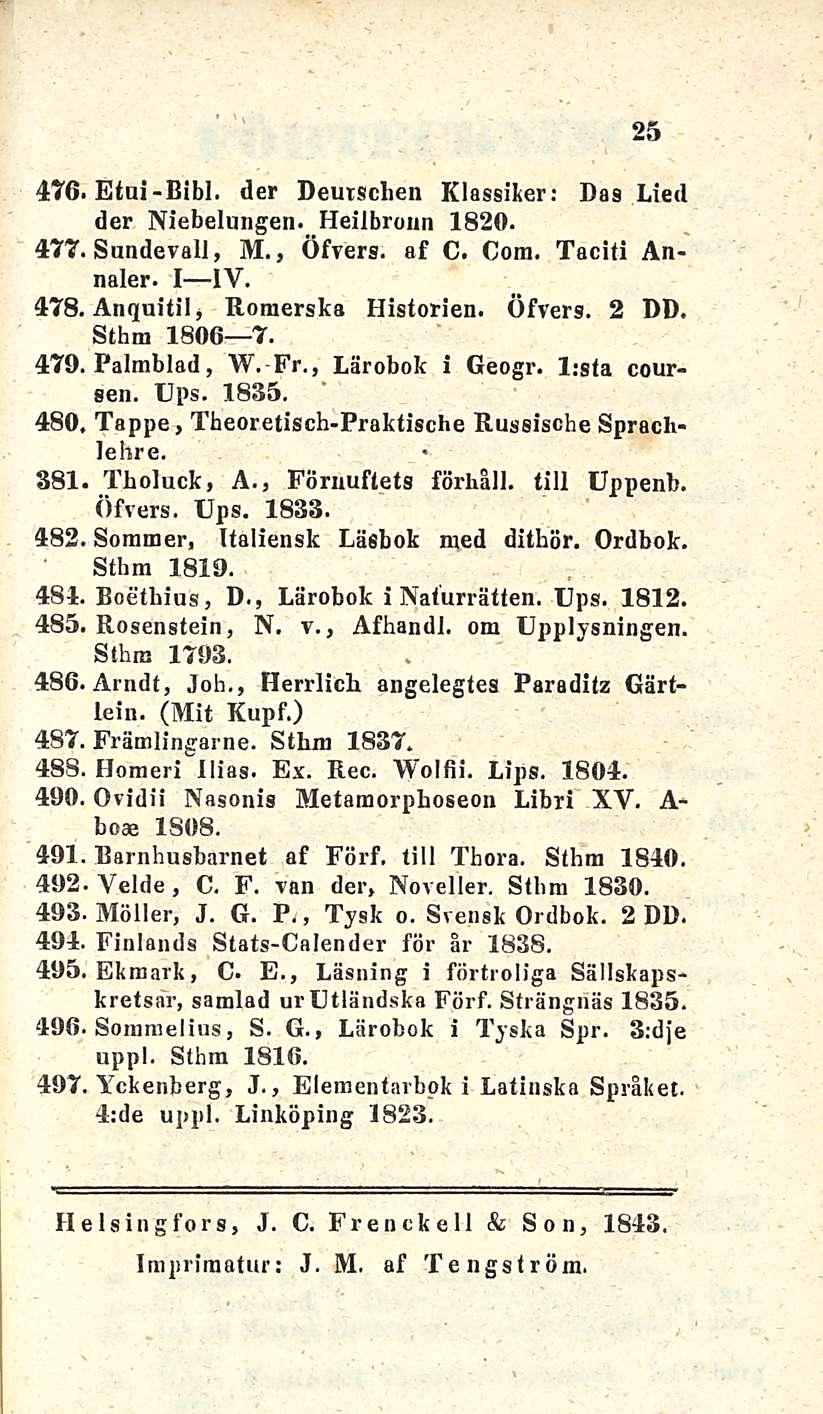 25 476. Etui-Bibl. der Deutschen Klassiker: Das Lied der Niebelungen. Heilbronn 1820. 477. Sundevall, M., Öfvers. af C. Corn. Taciti Annaler. I IV. 478. Anquitil Roraerska Hlstorien. Öfvers. 2 DD.