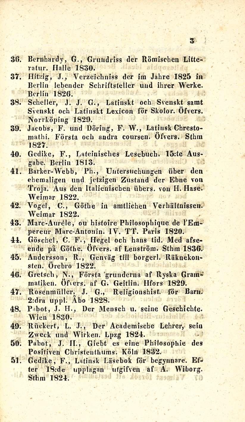 30. Bernhardy, G., Grundriss der Römischen Litterat ur. lialle 1830. 37. Hitzig, J., Verzeichniss der im Jahre 1825 in Berlin lebender Schriftsteller uud ihrer Werke. Berlin 1826. 38. Scheller, J. J. G., Latinskt och Svenskt sarat Svenskt och Latinskt Lexicon för Skolor.