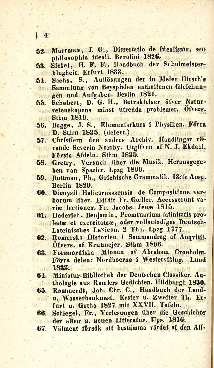 4 52. Murrmare, J. G., Dissertatio de Idealistiin, set* philosophia ideali. Heroiini 1826. 53. Sickel, H. F. F., Handbuch der Schulmeisterklugheit. Erfurt 1833. 54, Sachs, S.