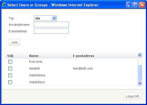 Man kryssar för de användargrupper och användare som ska ha rättigheter i albumet och därefter klickar man på Lägg till.