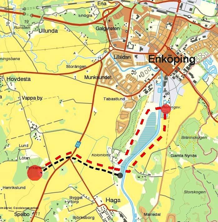 5 (13) Figur 2: Plats för nytt reningsverk samt alternativa sträckningar för överföringsledning (röd) och utsläppsledning (svart).