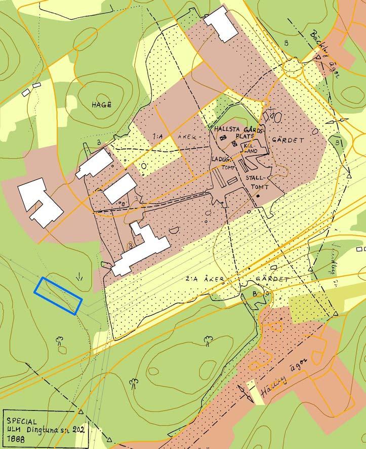 Figur 6. Kartöverlägg med förundersökningsområdets läge angivet inom den nu försvunna Hallsta gårds ägor.