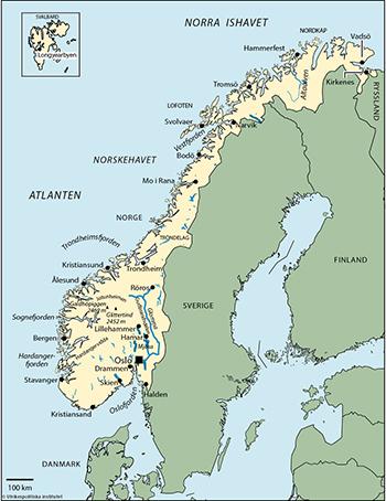 Yta 323 878 km2 (2017) Tid svensk Angränsande land/länder Sverige, Finland, Ryssland Huvudstad med antal invånare Oslo 647 700 (2015) Övriga större städer Bergen 275 100, Trondheim 185 000, Stavanger