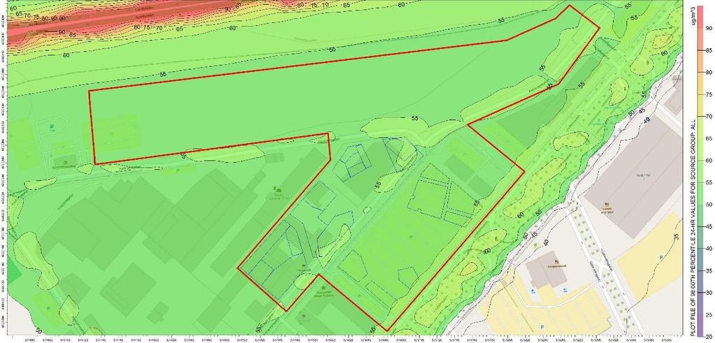 Figur 6. Framtida scenario 2035, beräknade halter av kvävedioxid som årsmedelvärden, med Lundbyleden och Hamnbanan.