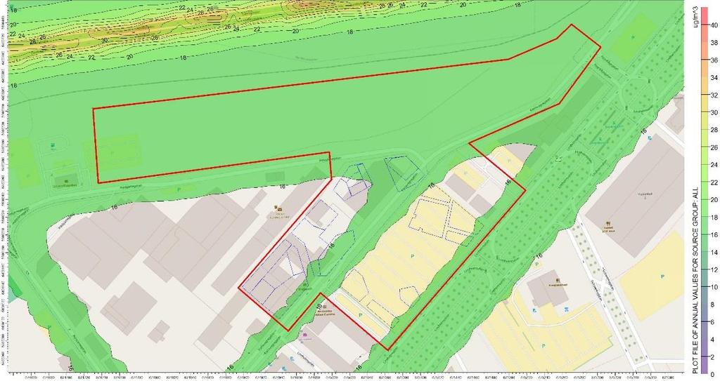 4.2.2 PM 10 Årsmedelvärden Figur 15. Nuvarande situation 2013/2015, beräknade halter av partiklar (PM 10) som årsmedelvärden. Planområdet markeras med röd linje och föreslagna byggnader med blå.