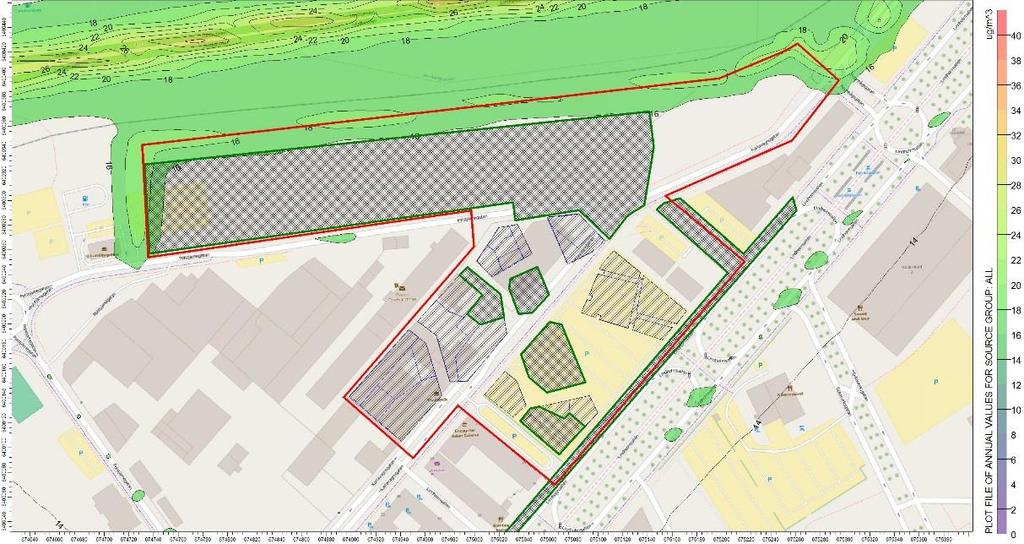 Figur 18. Framtida scenario 2035, beräknade halter av partiklar (PM 10) som årsmedelvärden, med Lundbyleden.