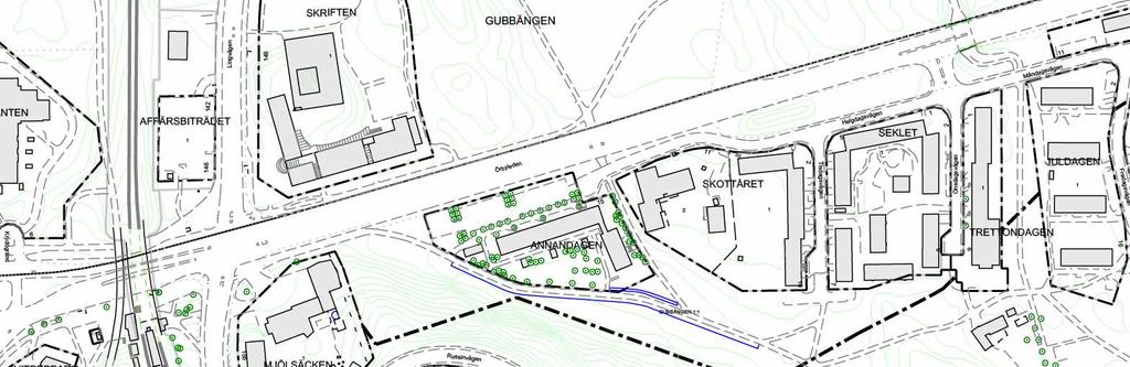 Sida 5 (7) Platsen Planområdet ligger öster om tunnelbanan och Hökarängen centrum och norr om ett skogsparti som sluttar uppåt åt sydväst. Norr om planområdet ligger Örbyleden.