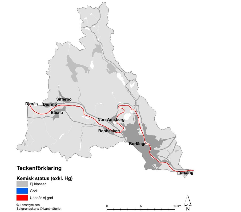 Figur 3. Sjöars och vattendrags kemiska status (exklusive kvicksilver) inom delområde Dalälven mellan Torsång och Djurås.