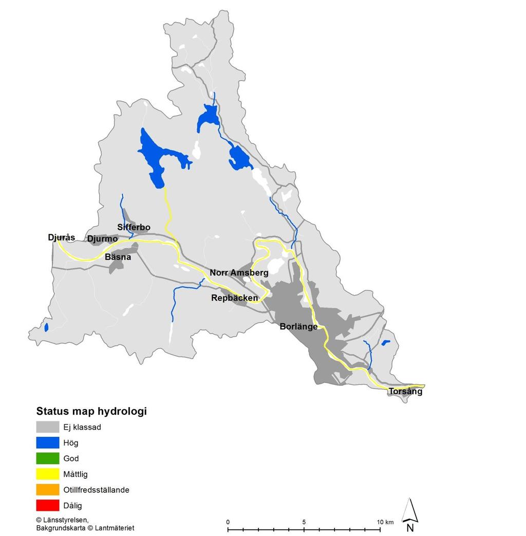 Figur 11. Bedömning av tillståndet (status) med avseende på hydrologisk påverkan för sjöar och vattendrag inom delområdet Dalälven mellan Torsång och Djurås.