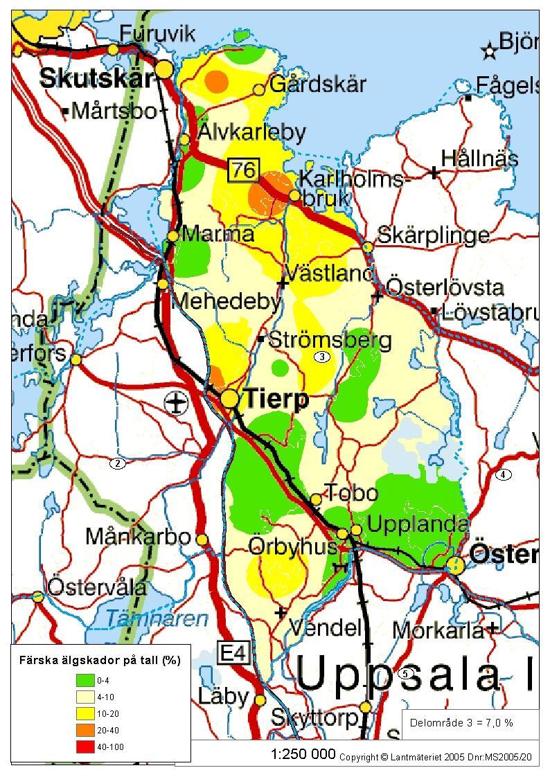 Bil. 3 Tierp vfo (område 3), älgskadeinventering 2011 Genomsnittlig andel färska skador för Tierp vfo: 7,0 % Ovanstående karta visar grovt hur skadesituationen